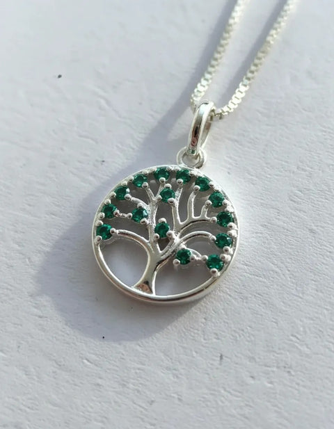 Colar Árvore da Vida Prata 925 com Zircônias Esmeralda