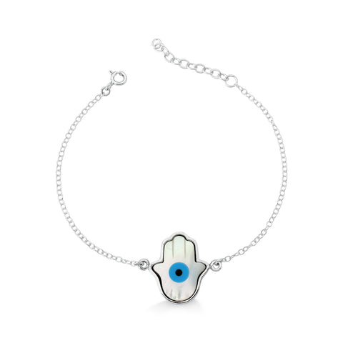 Pulseira de Prata Mão de Fátima com Olho Grego em Madrepérola