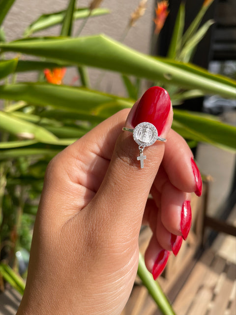 Anel de Prata Nossa Senhora e Cruz com Zircônias Cristal