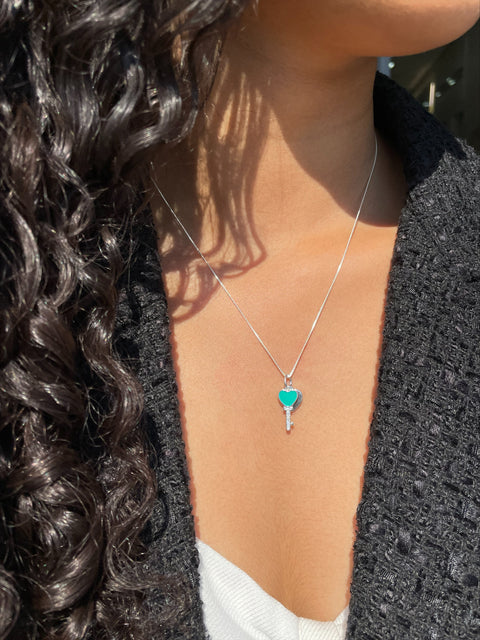 Colar Prata 925 Coração + Chave com Zircônias